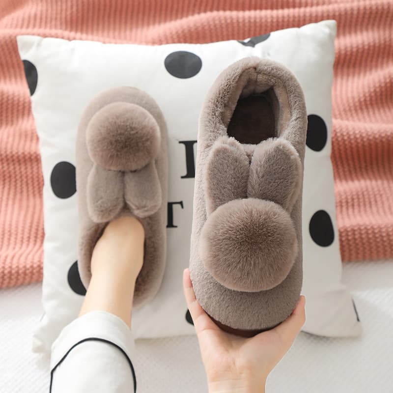 Pantufas De Algodão Sapatos Femininos De Coelho De Inverno De Pele Com Sola Grossa Antiderrapante