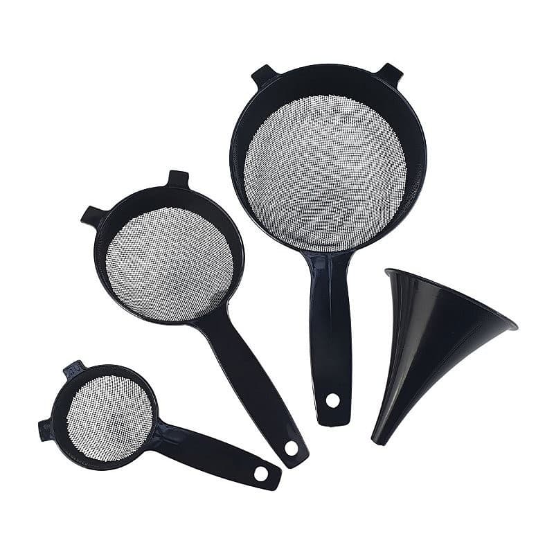 Kit de Cozinha Peneiras e Funil Preto 4 peças - Mini 7cm, Pequena 12cm e Média 15cm