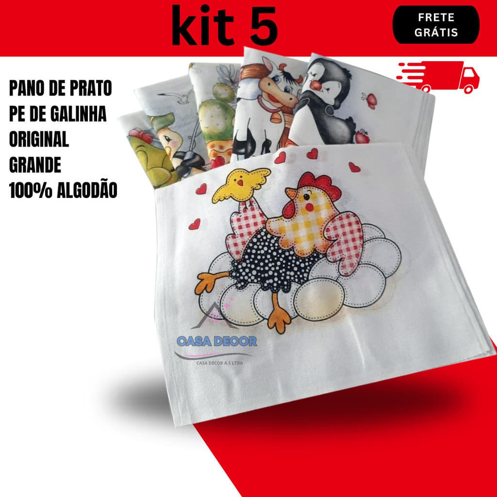 5 Pano de Prato pé de galinha GRANDE estampado 100% algodão