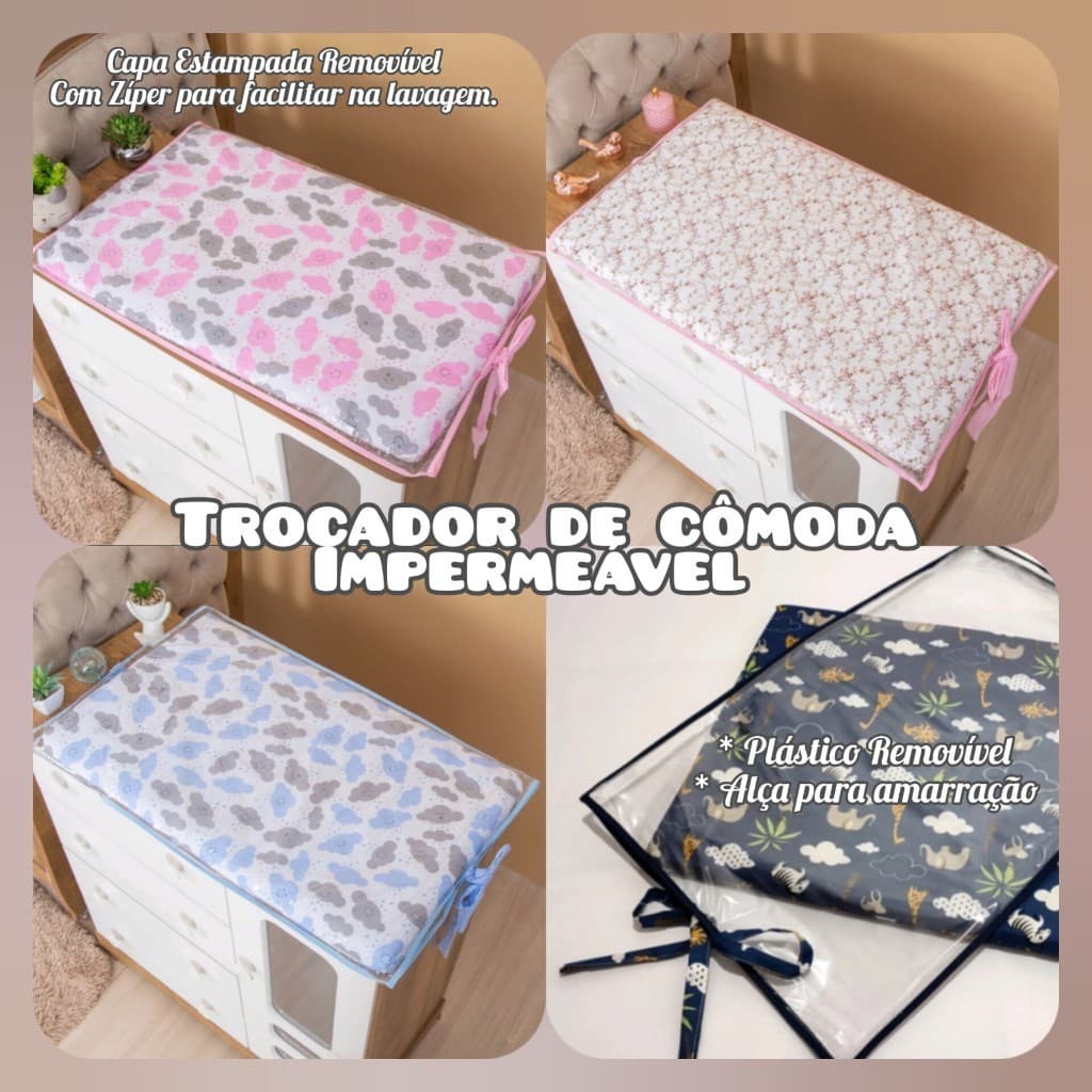 Trocador de Cômoda Plastificado Impermeável com Capa Plástica Removivel e Alça de amarração e Zíper