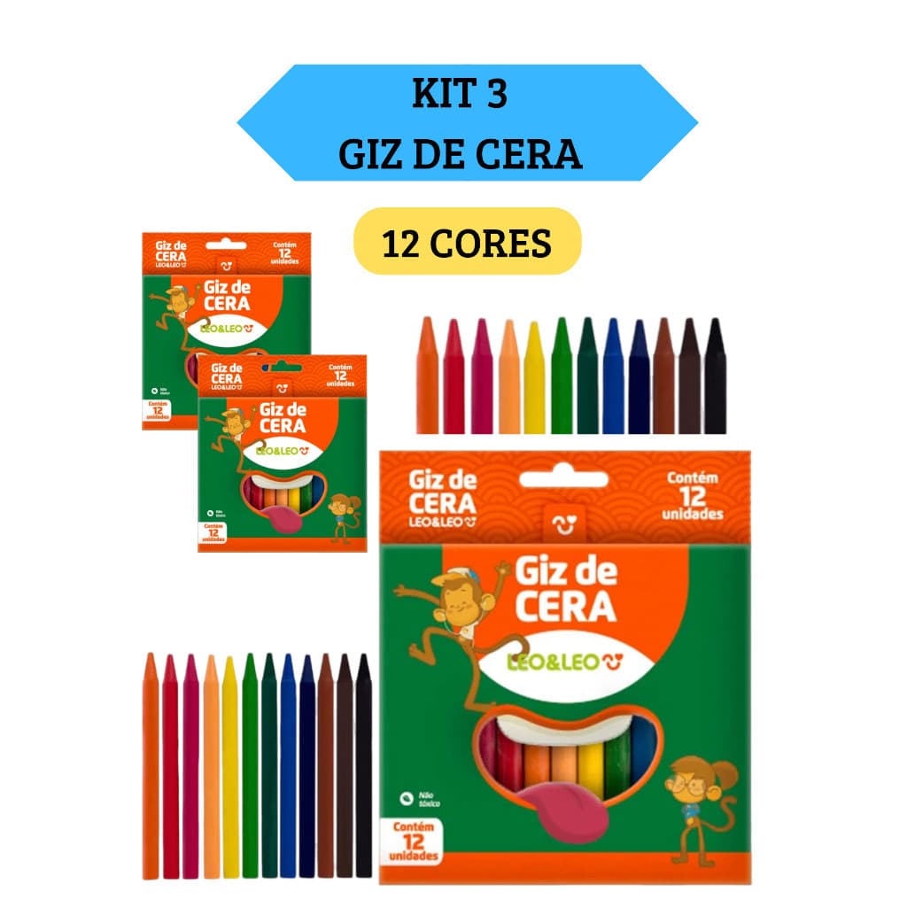 Kit 3 Caixas de Giz de Cera Fino 88mm Caixa com 12 Cores Leo&Leo