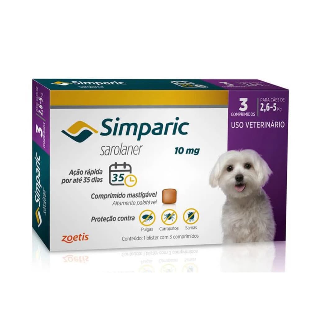Antipulgas Simparic 10mg - Cães De 2,6 A 5kg - 3 Comprimido