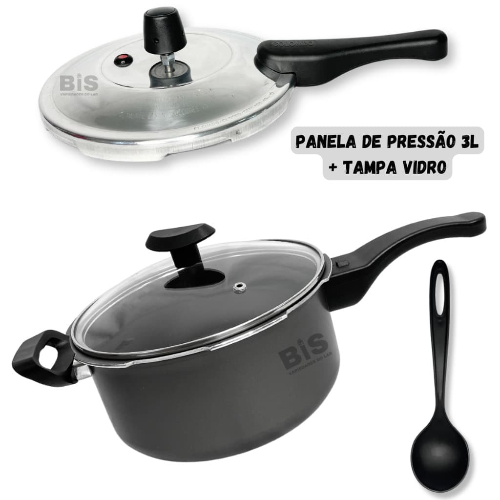 Jogo 2 Em 1 Panela de Pressão Fechamento Externo 3L Antiaderente 5 Camadas Teflon + Tampa de Vidro