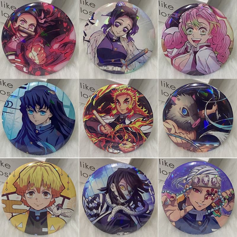 58mm Broches Demon Slayer Holográfico/Nezuko/Shinobu/Mitsuri/Tokito/Inosuke/Zenitsu/bottons/Crachás/Crachas/goods/anime