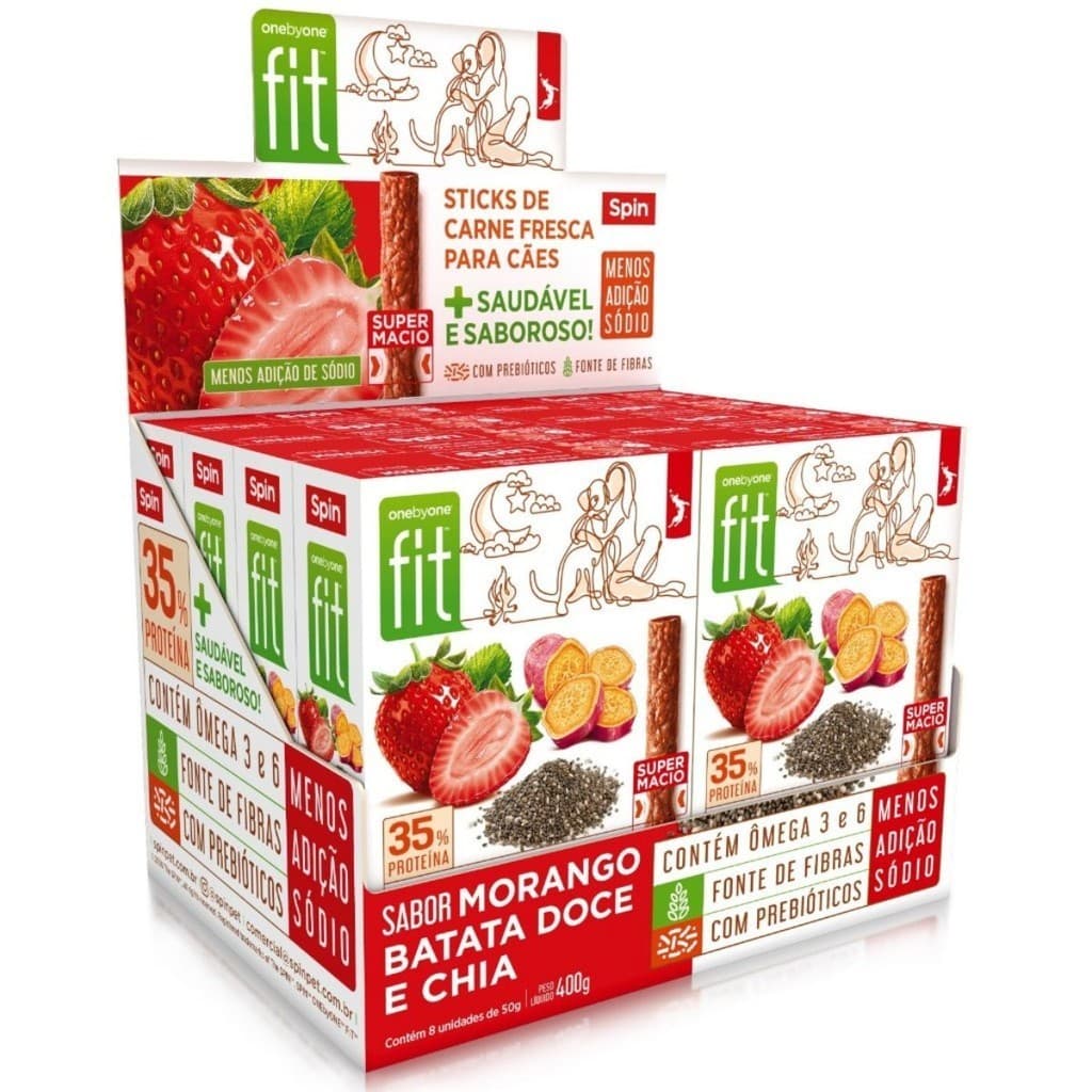 Kit 16 Petisco Spin Pet Stick Fit Morango, Batata Doce e Chia 50g para Cães