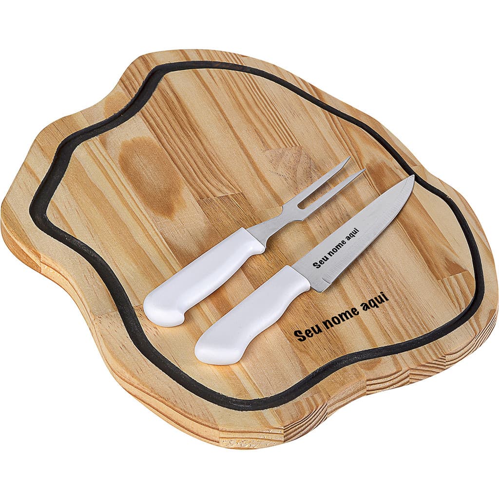 Kit Tábua de Madeira Rustica + Garfo e Faca para Churrasco Personalizado Nome Presente Dia Dos Pais