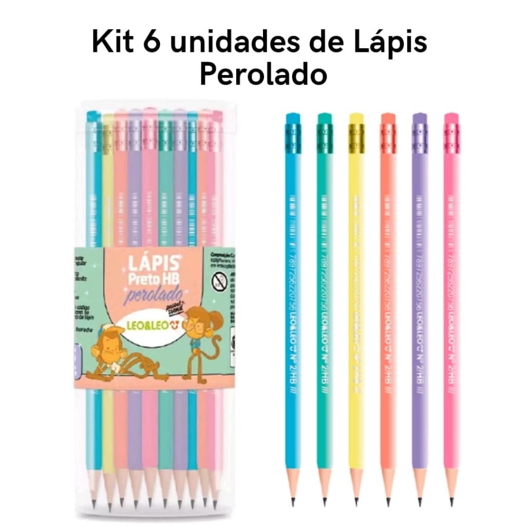 Kit 6 Lápis de Escrever HB Tom Pastel Perolado com Borracha  Escolar  Leo&Leo