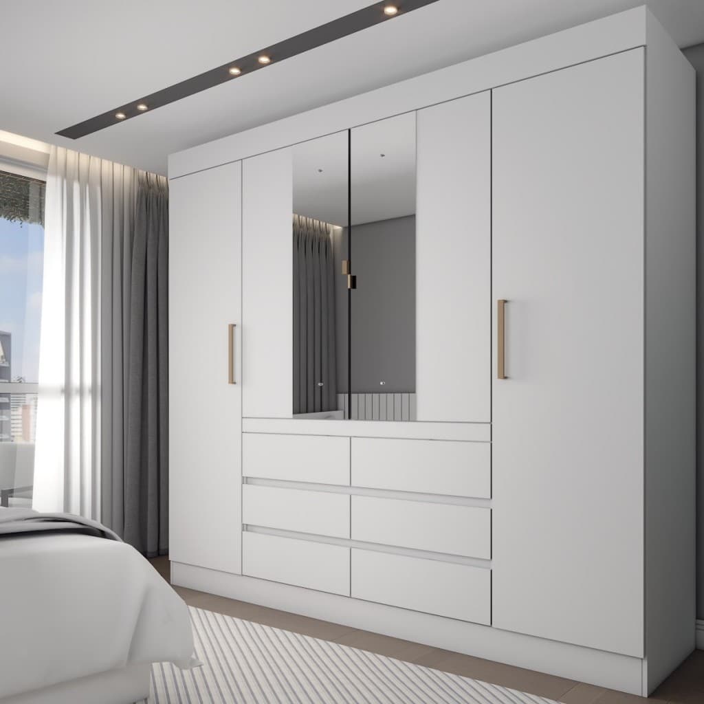 Guarda-Roupa Casal Honey 4 Portas 6 Gavetas com Espelho Branco - Panorama Móveis