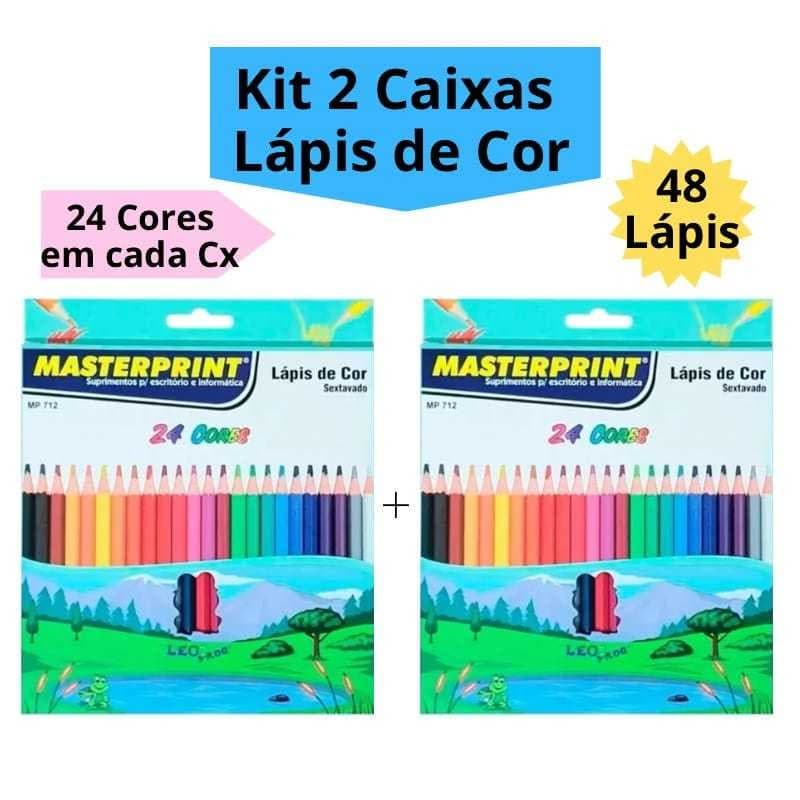 Kit 2 Caixas Lápis de Cor 24 Cores Resistente Sextavado Escolar Masterprint (48 Lápis de Cor)