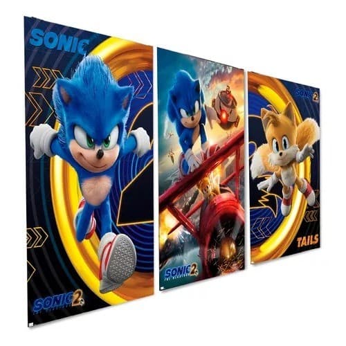 Kit 3Pç 50x30 Quadros Decorativos Sonic Tails Knuckles Games Filmes Quarto Sala Premium Luxo