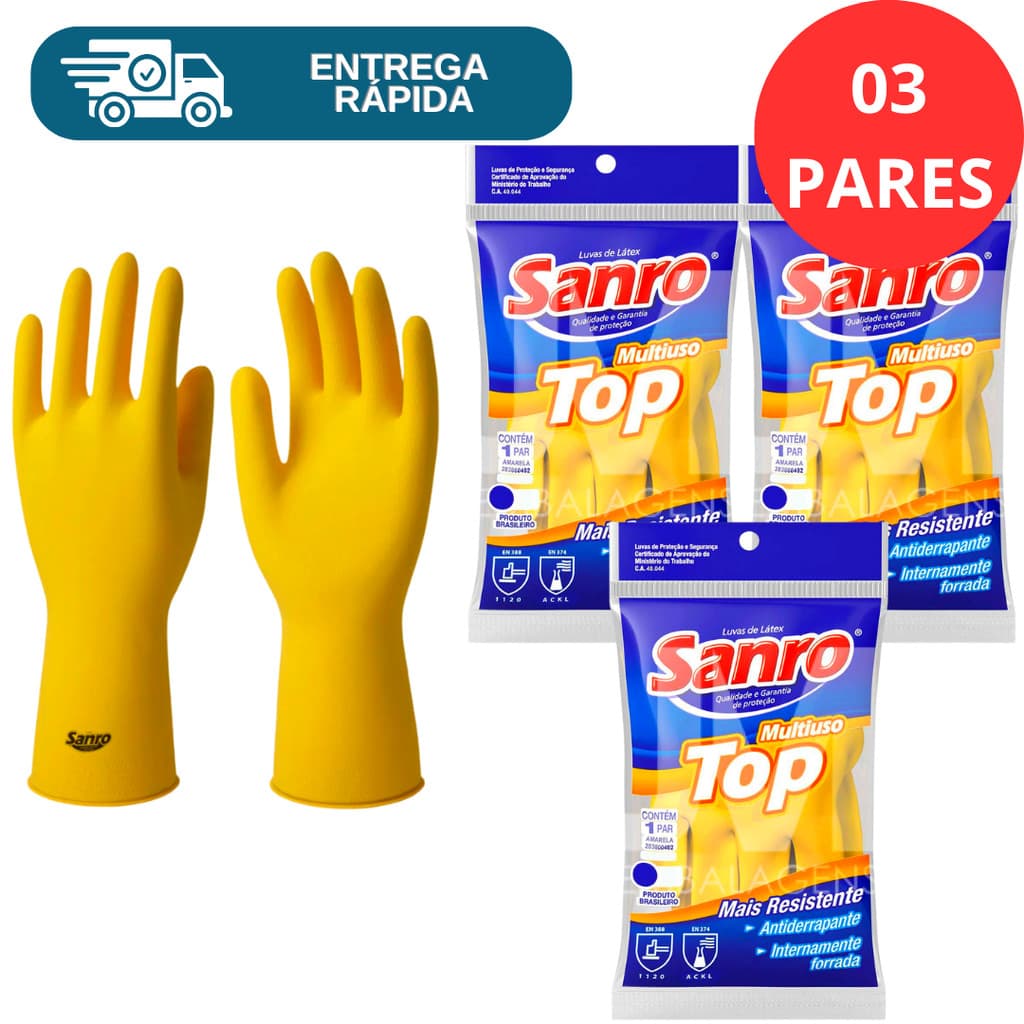 Kit 3 Prs Luva De Latex Natural Grossa Reforçada Sanro Top Multiuso Limpeza Lavar Louça Proteção Epi