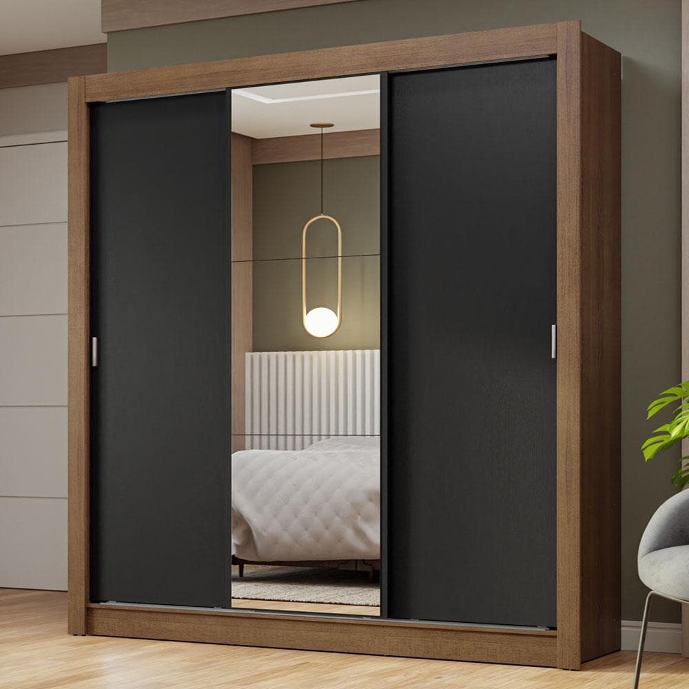 Guarda-Roupa Casal 3 Portas de Correr com Espelho Rustic/Preto Nobre Madesa