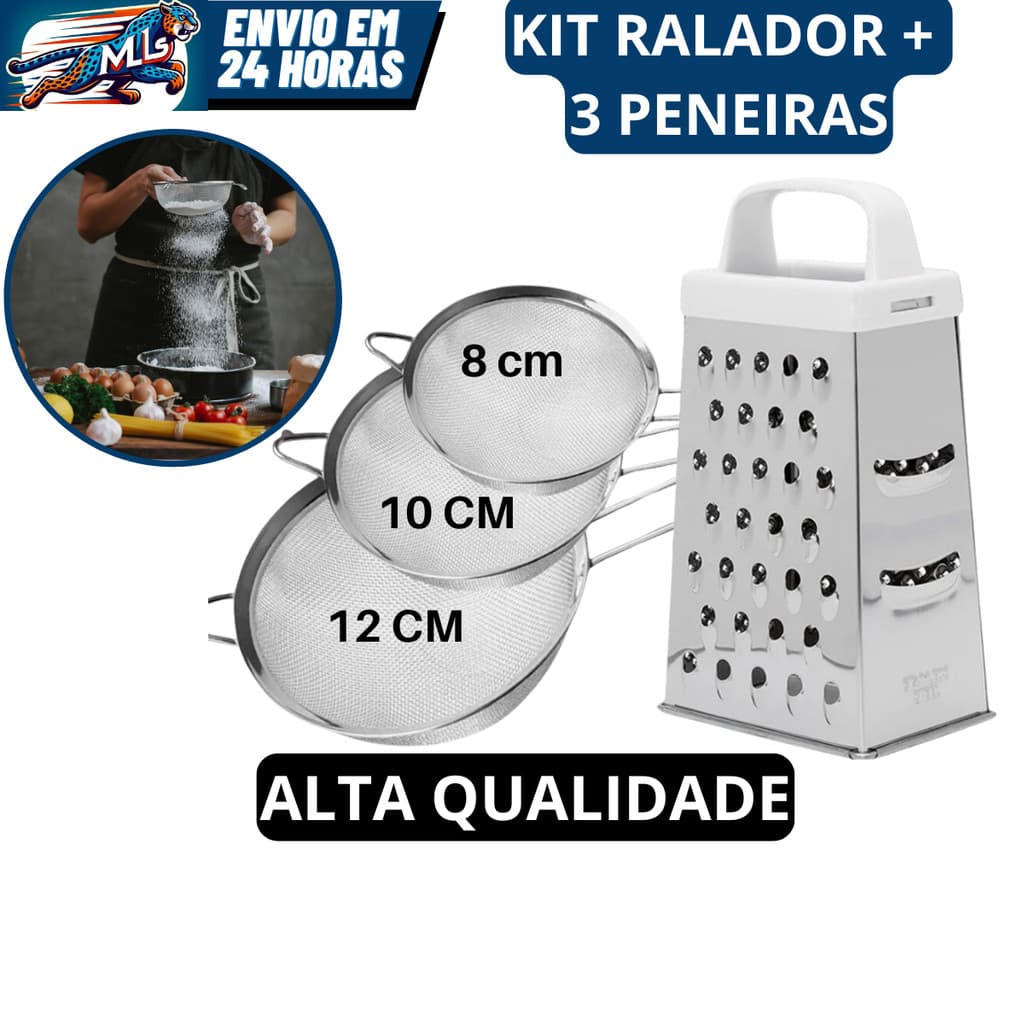 Kit Ralador 4 Faces + 3 Peneiras Coador 8-10-12 CM Em Aço Inox Para Cozinha Coa Sucos Polpa