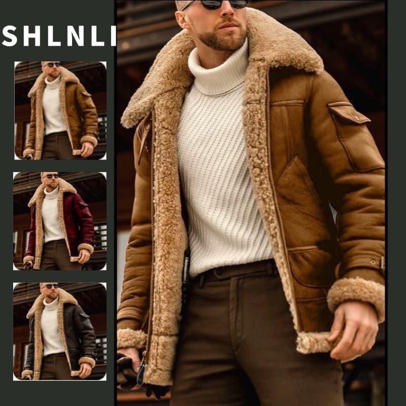 Jaqueta Masculina De Couro PU Com Gola Dobrável Outono Inverno Lã De Cordeiro Cor Sólida Casaco Plus Size