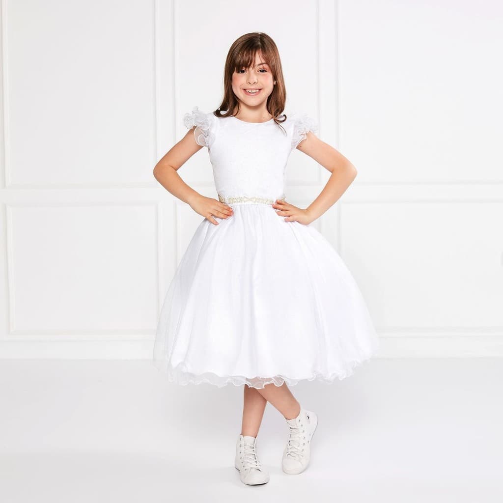 Vestido Glitter Branco Manga Godê De Festa Infantil Rodado