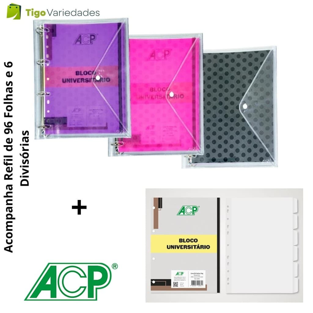 Fichário Universitário com Botão Poa com bloco de folhas e divisórias ACP