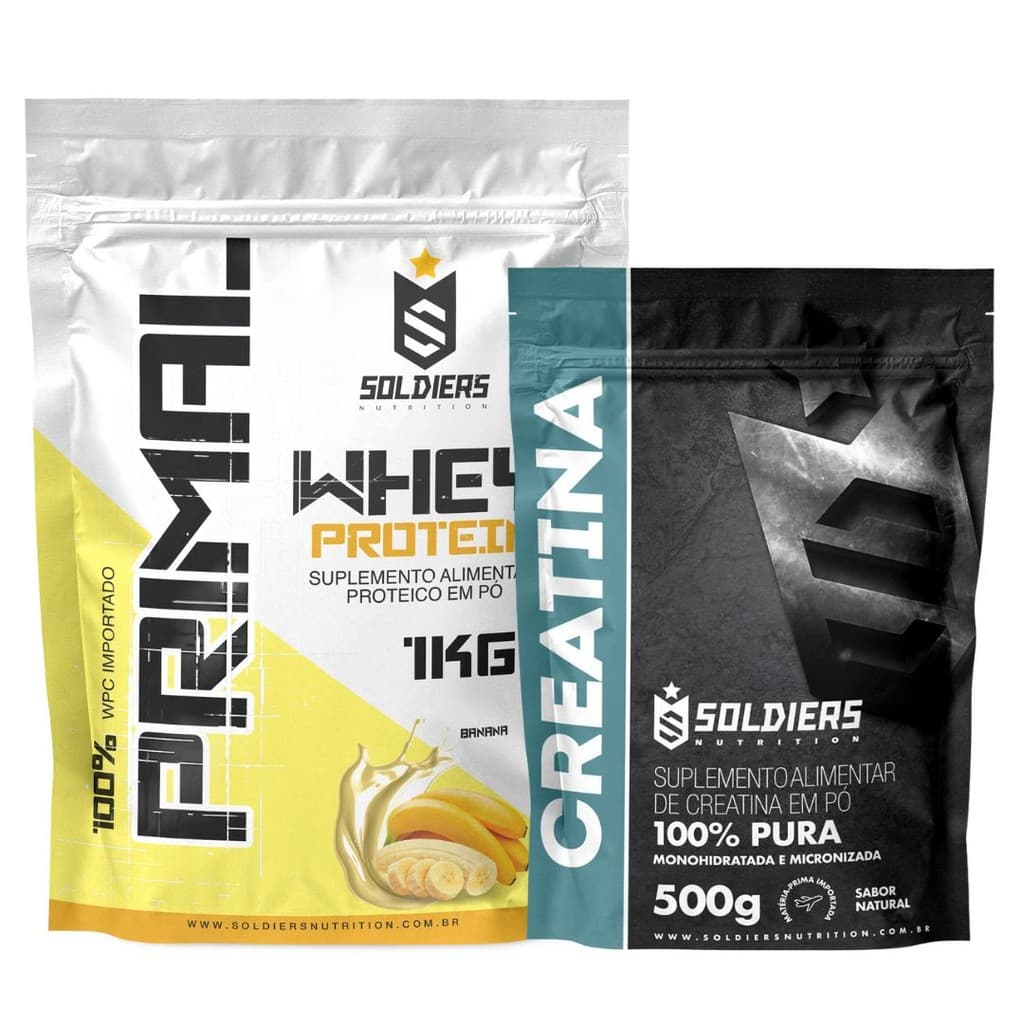 Kit: Whey Protein Primal 1kg + Creatina 500g Soldiers Nutrition Força Performance Suplemento Aminoácido 