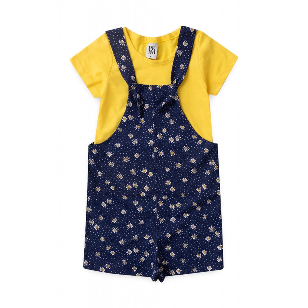 Salopete Feminino Infantil Verão Amarelo com Azul Florido