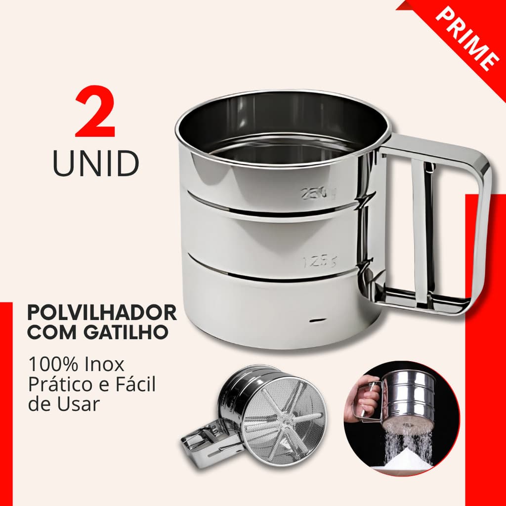 Polvilhador Caneca 2 ou 1 Peça com Gatilho Inox 10,5 x 9,5cm Peneira  Confeitaria Doces Bolos