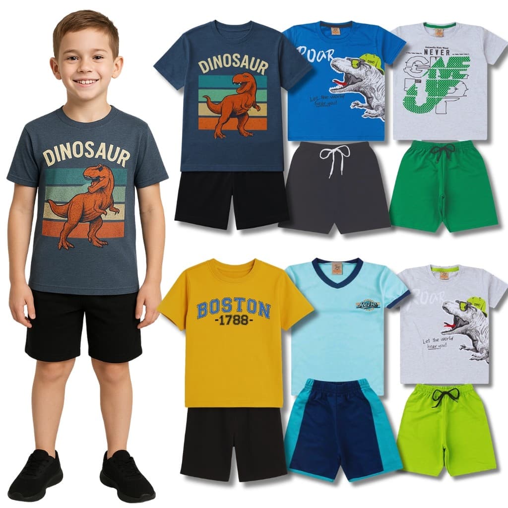 Kits Roupas Infantil Menino Camisetas + Bermudas - Conjuntos Masculino Verao Calor do 1 ao 16