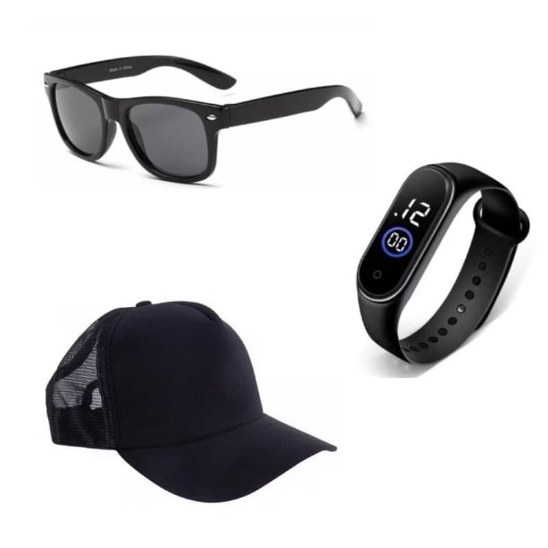 Presente KIT INFANTIL ÓCULOS BONÉ RELÓGIO PRETO Unissex