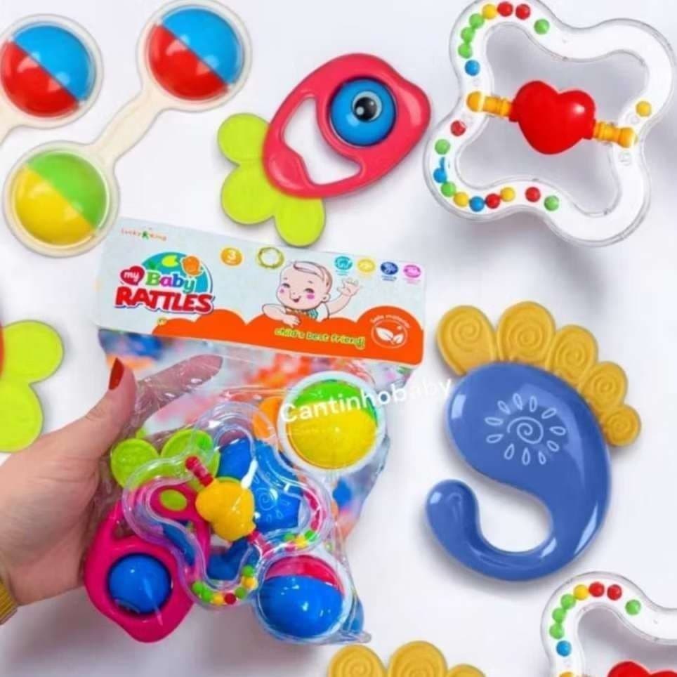 Brinquedos Para Bebê Kit com 4 pçs Chocalho + Mordedor Macio Colorido