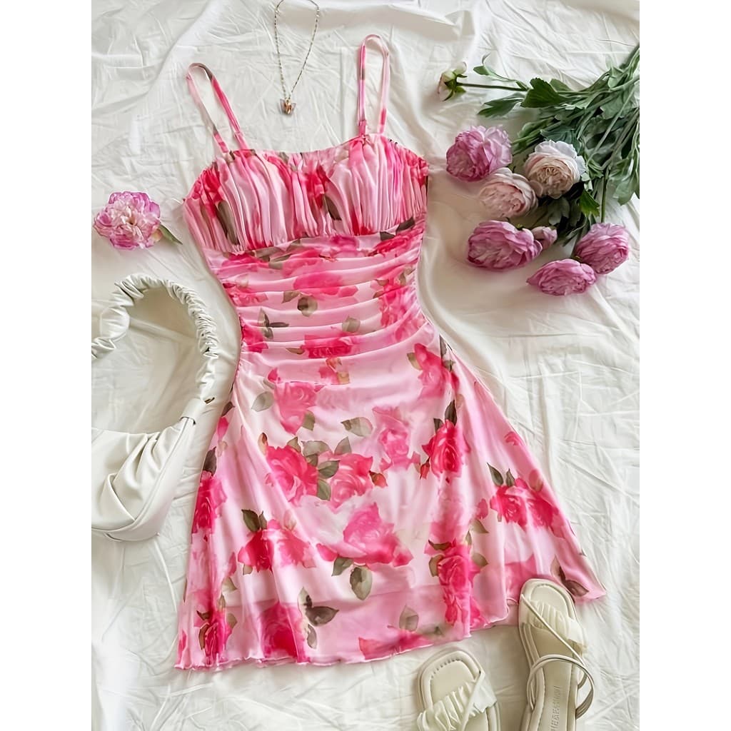 Vestido estilingue Floral francês cintura estreita férias Sexy vestido estilingue