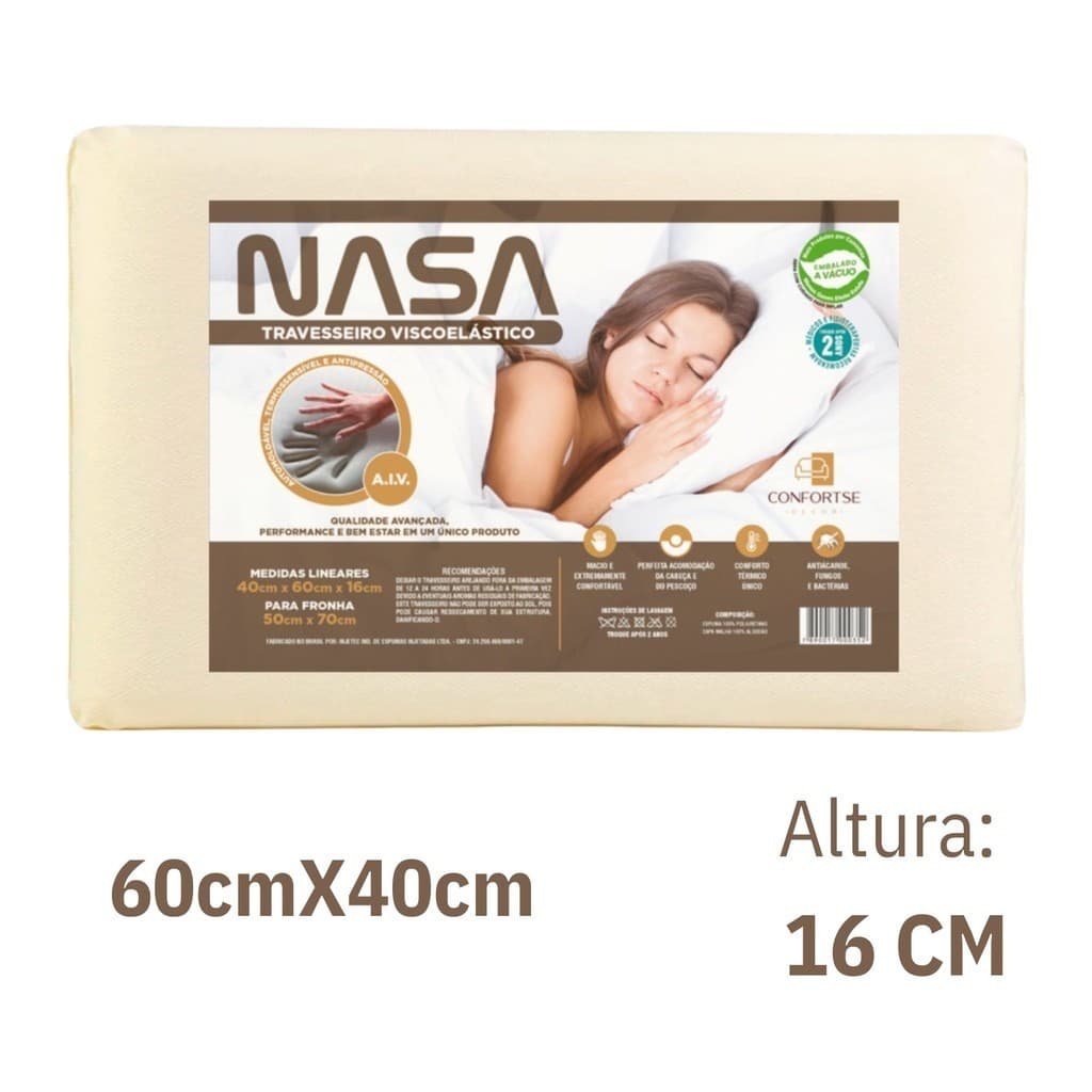 Travesseiro Original NASA Sono De Qualidade Viscoelástico Antialérgico Malha Antiácaro Confortse