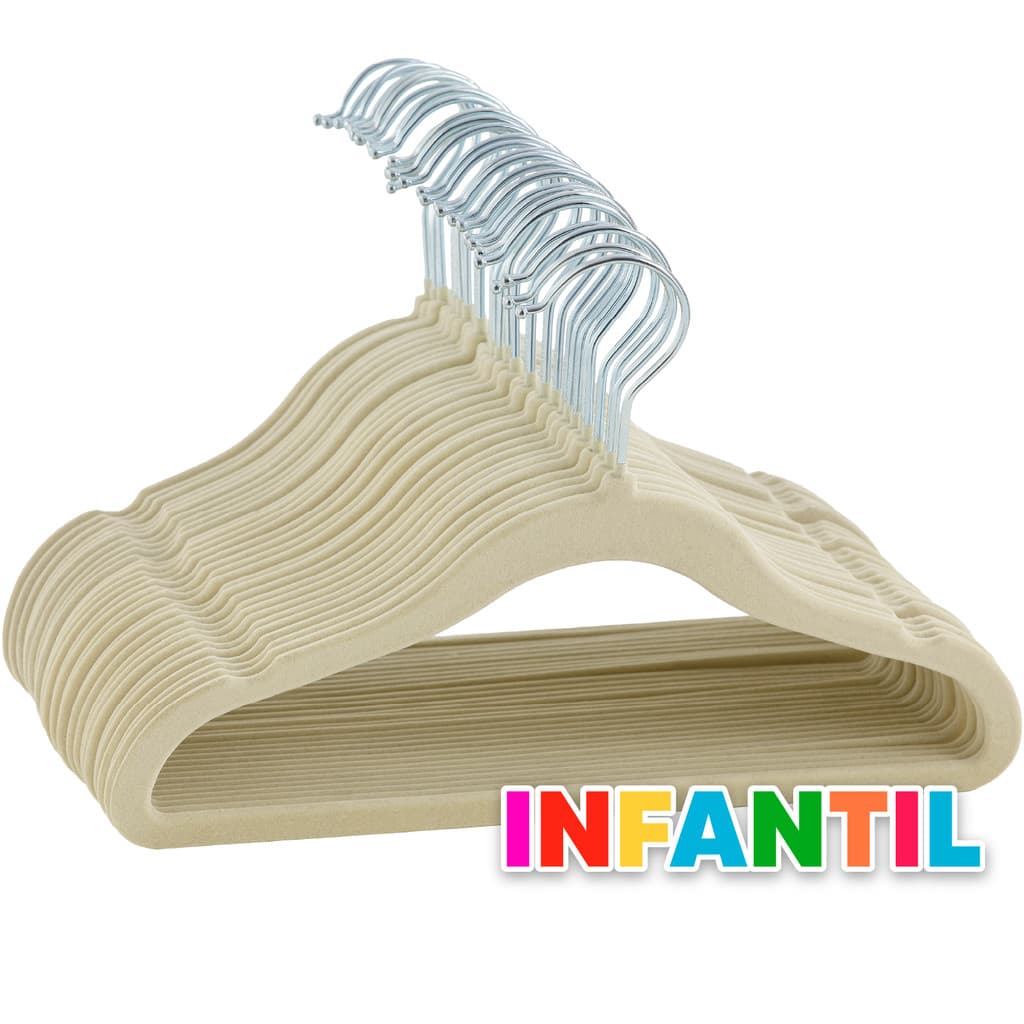 Kit 50 Cabides Veludo Infantil Slim Antiderrapante Bege