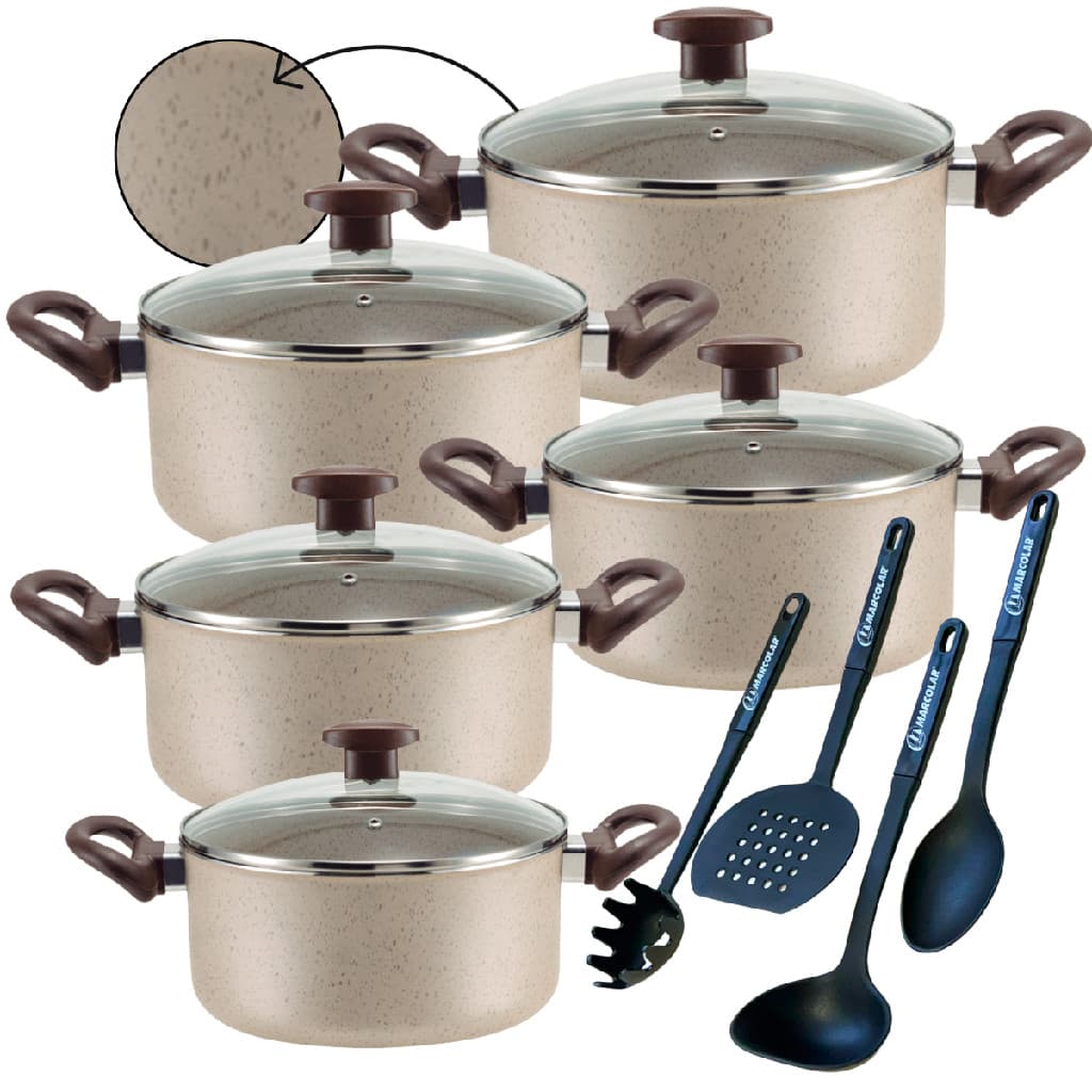 Jogo De Panelas Caçarolas 9 Peças Antiaderente 6 Camadas De Teflon Cor Crema