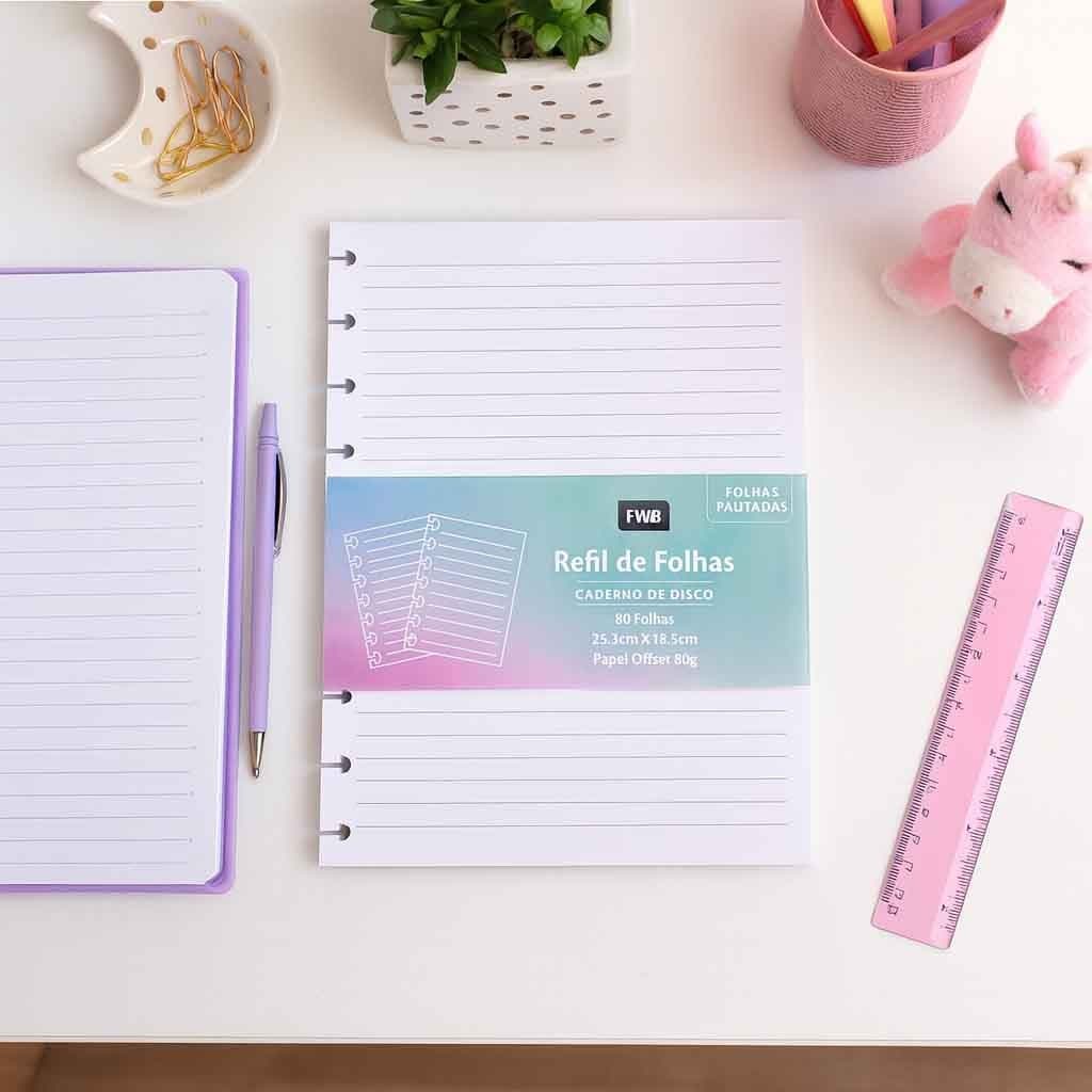 Refil Folha Pautado Para Caderno De Disco Médio 80 folhas 