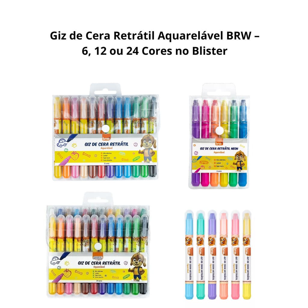 Giz de Cera Retrátil Aquarelável BRW – Blister com 6, 12 ou 24 Cores
