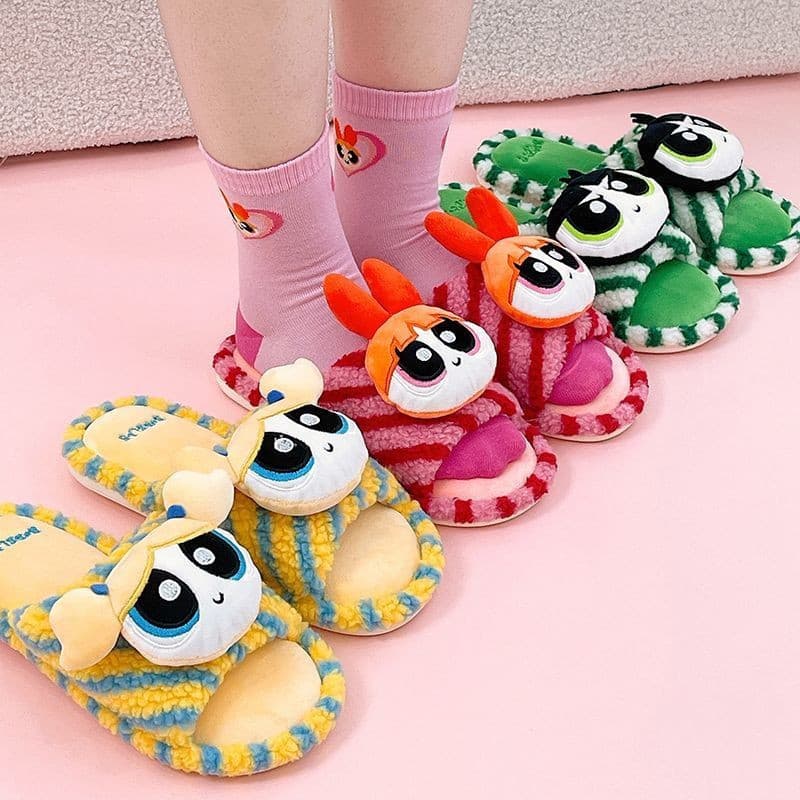 Chinelos de Pele de Carneiro das Meninas Superpoderosas, Bonitos, Planos, Respiráveis, Antiderrapantes, Estilo Casal DJI