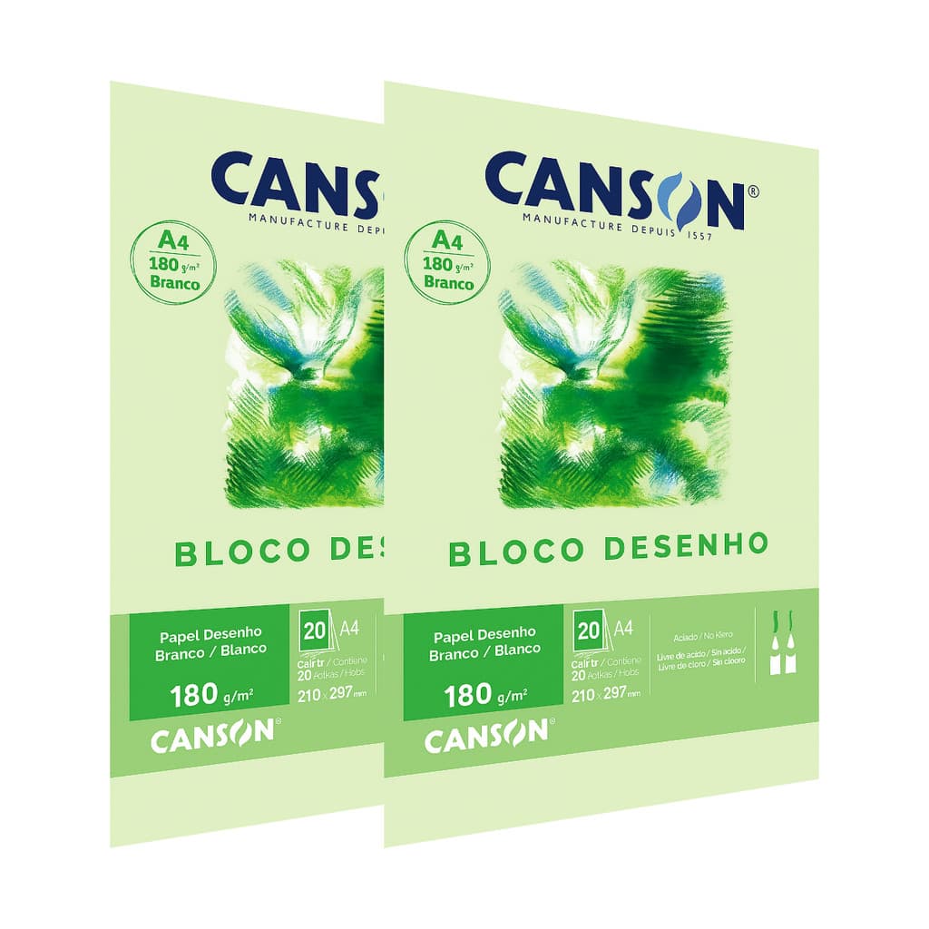 Kit 2 Papel Canson bloco para desenho branco A4 180gr, 210mm x 297mm, com 20 folhas