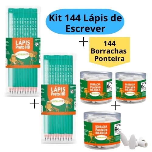 Kit 144 lápis de Escrever Nº2 Preto + 144 Borracha Escolar Ponteira Branca Escola Estudo Escolar LEO&LEO