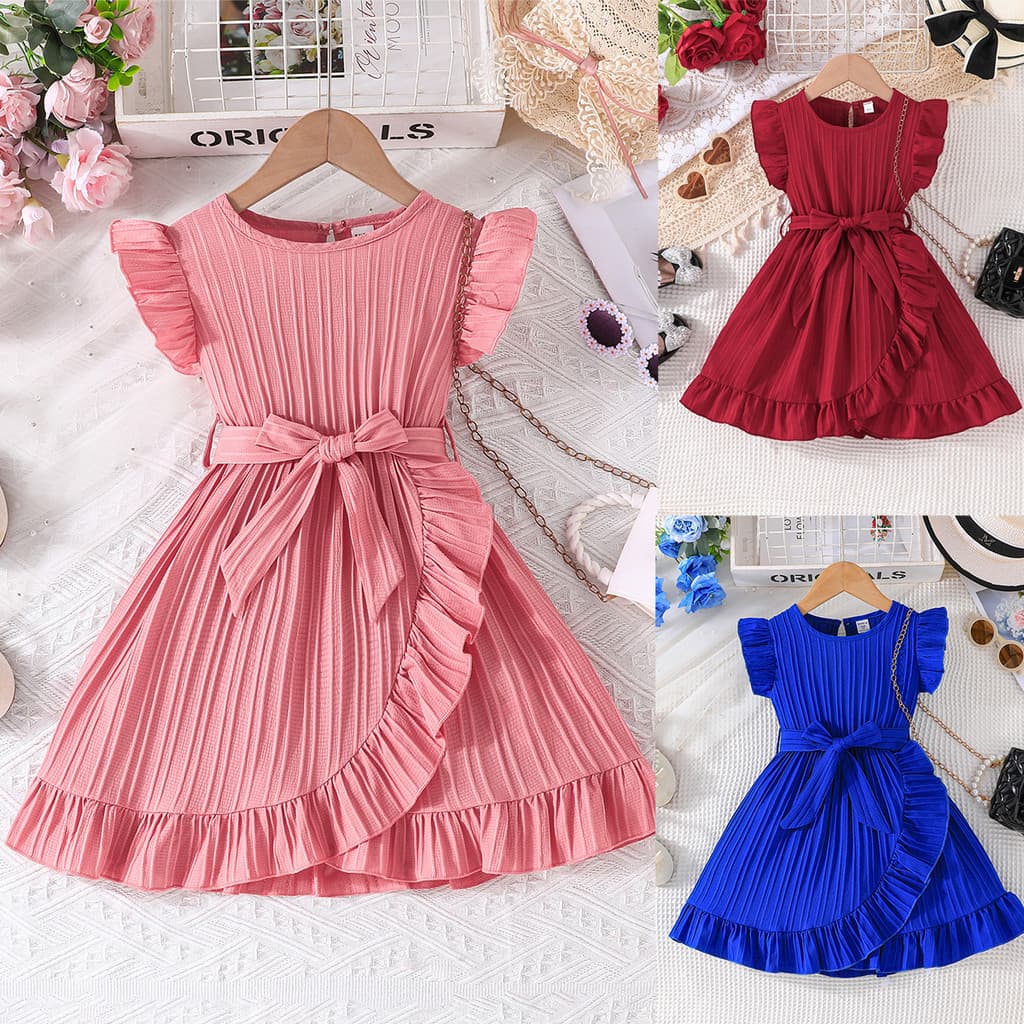Vestido Infantil Meninas 4 7 Anos Manga Curta Listras Barra Irregular c Cinto Decorativo Multi Cores Azul Rosa