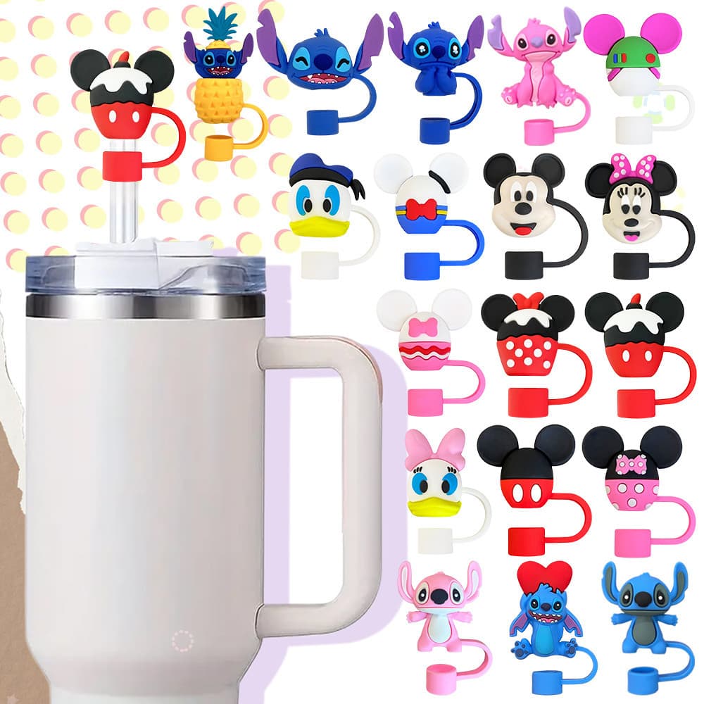 10mm bonito ponto dos desenhos animados Mickey Anti-poeira tampa de palha diy Silicone caso protetor vidro copo de água 