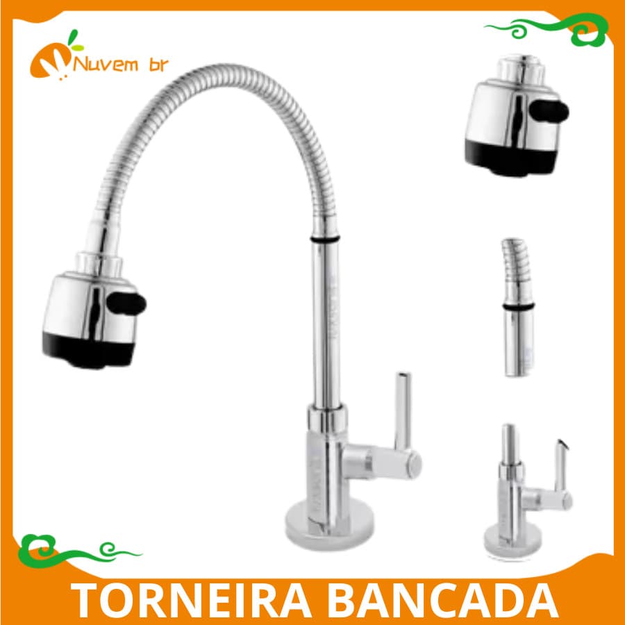 Torneira Flexível de Parede/Bancada WG08 para Cozinha com Chuveirinho Duplo Jato Cone Inox Luxo Metal Gourmet WG08