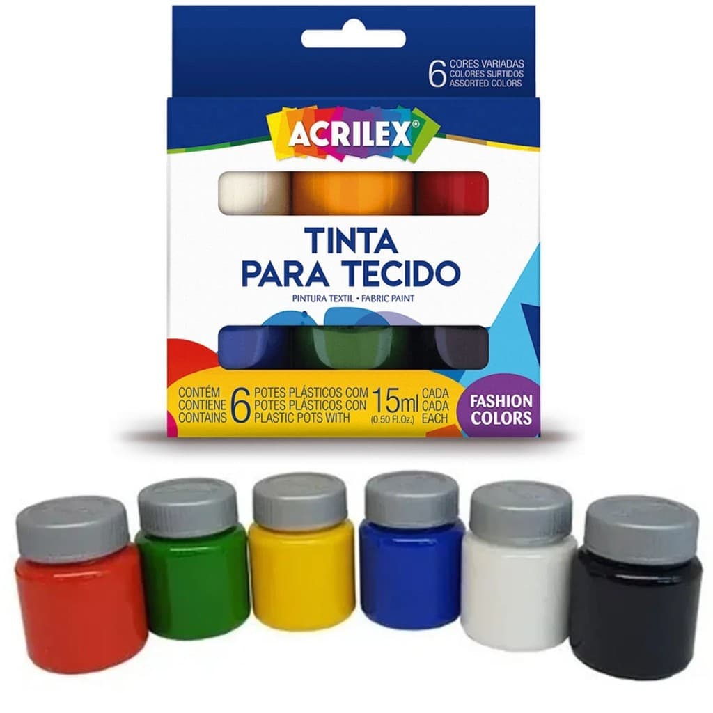 Tinta Para Tecido Acrilex Tela Pintura Artesanato Pano de Prato Textil Conjunto 6 Cores Sortidas 15ml
