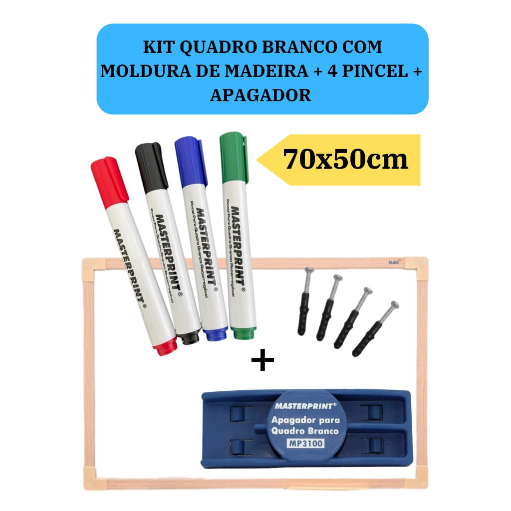 Lousa Branca Quadro Branco 70x50cm + 4 Pincel Marcadores  + 1 Apagador Didática Média