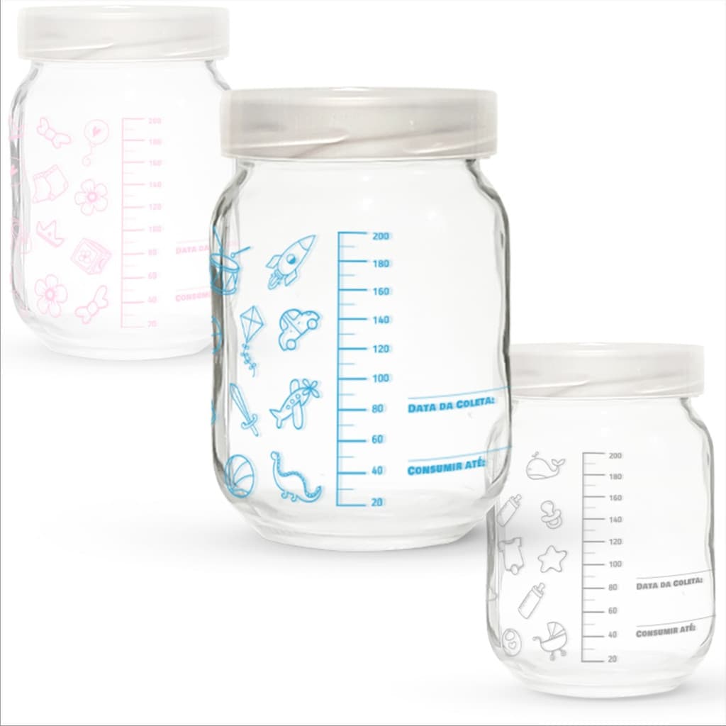 6 Frascos / Potes Vidro P/ Leite Materno - Graduação 200ml