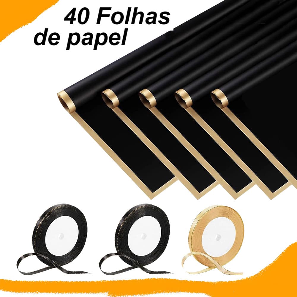 Papel de Embrulho para Flores, 40 Folhas, Preto borda dourada, À Prova D'água, para Buquês, 57x57 cm + 3 rolos de fita