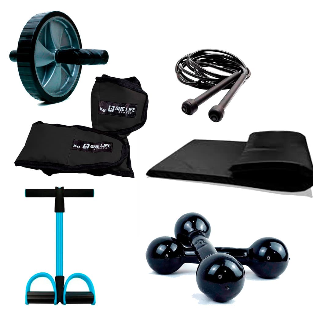Kit Treino em Casa Par Caneleira de 2kg  + Par Halter de 1kg + Colchonete + Roda + Extensor + Corda