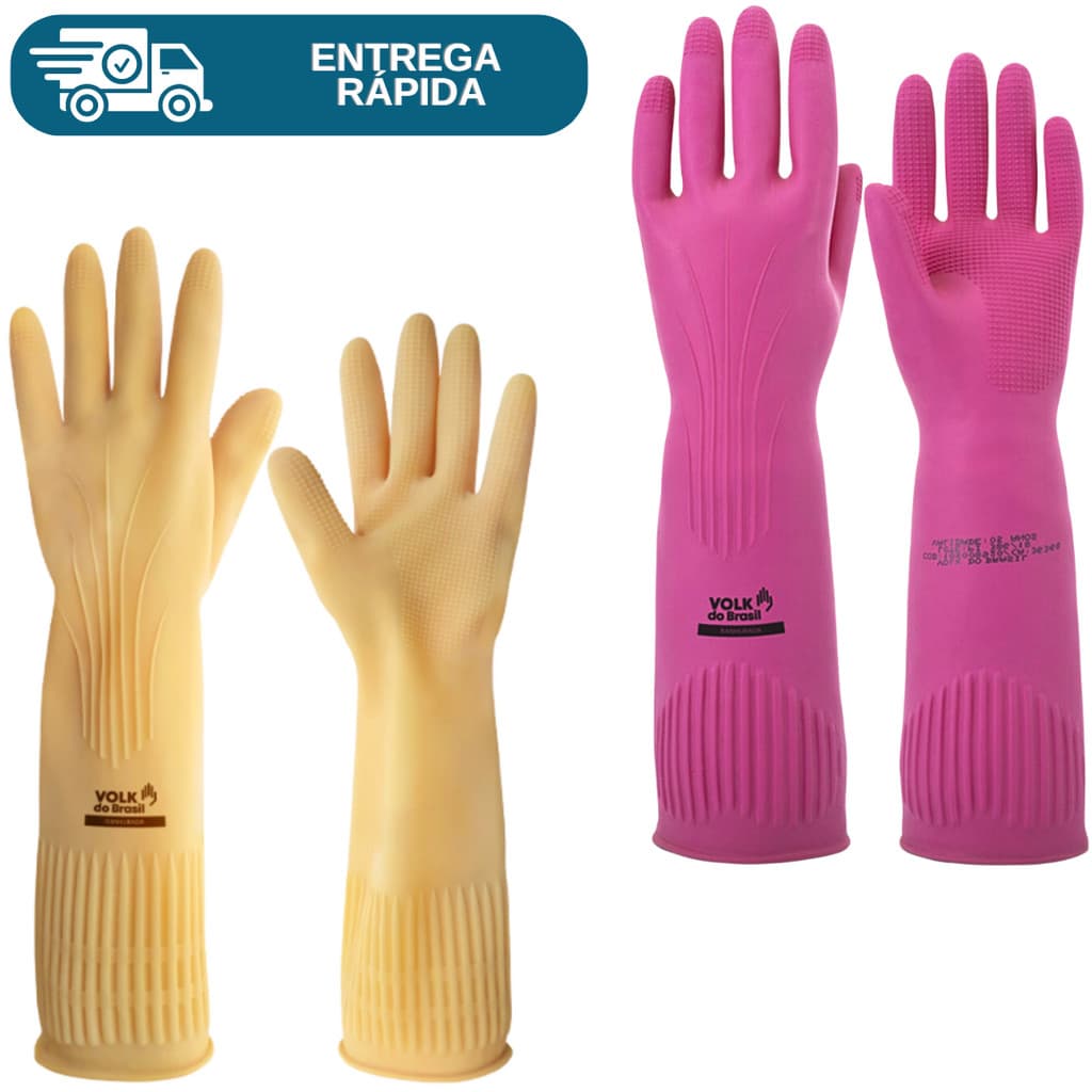 Luva Latex Ranhurada Cano Longo Antialérgica Proteção Volk Limpeza Epi Remove Pelos Do Animal Sofá