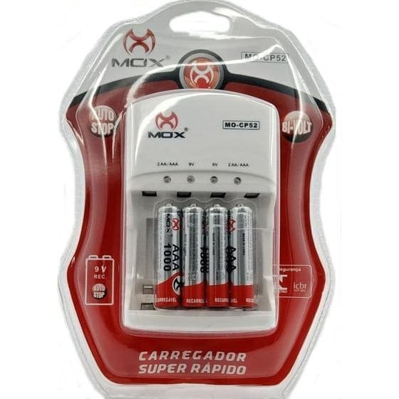 CARREGADOR DE PILHA MOX MO-CP52 c/4 Pilhas AAA 1100 mAh - Auto Stop p/ pilhas e 2 9V