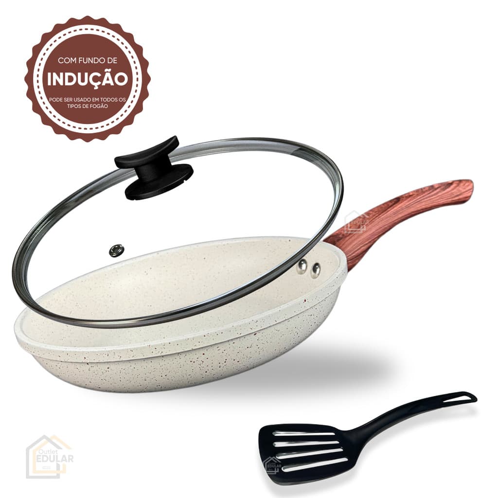 Frigideira 20 cm Indução Antiaderente Cerâmica Não Gruda com Tampa Vidro e Espátula Branca Marrom