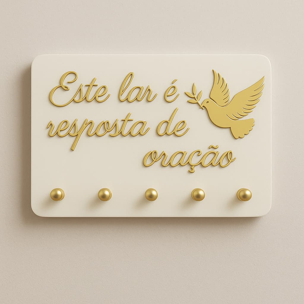 Porta Chave Decorativo Este Lar é Resposta de Oração PVC_ Branco / Dourado