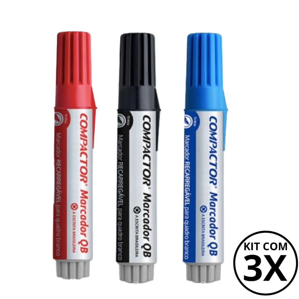 Kit com 3 Marcadores Para Quadro Branco - COMPACTOR COR:AZUL + VERMELHO +PRETO