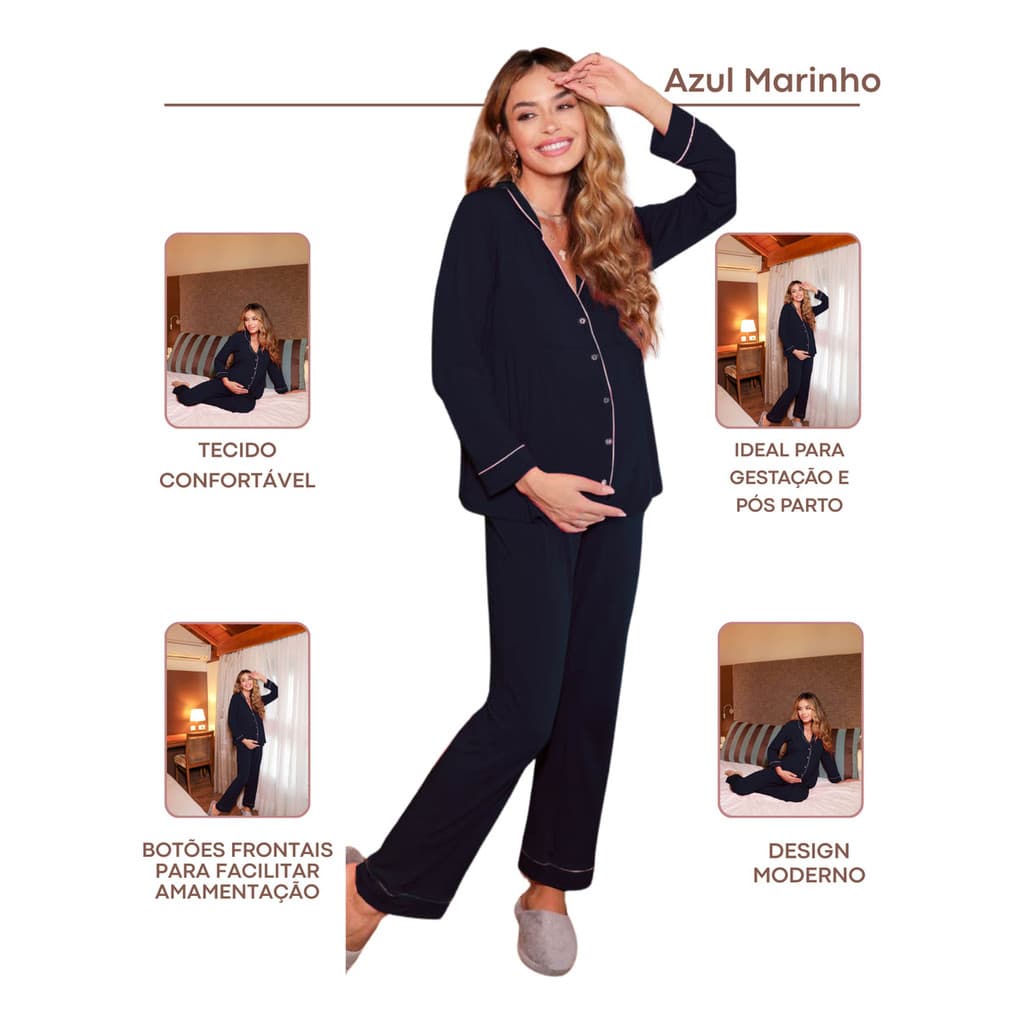Pijama  Longo Para Gestante Com Facilitação Para Amamentação