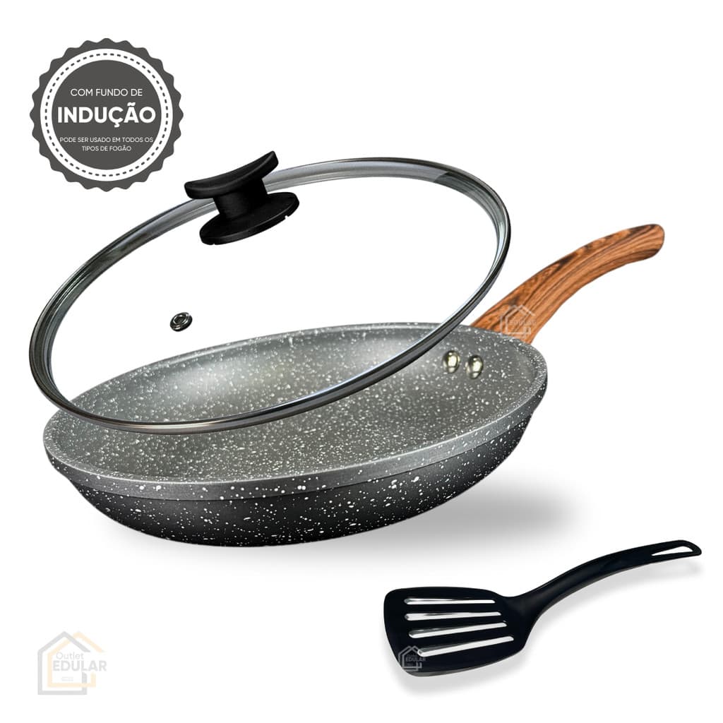 Frigideira 20 cm Indução Antiaderente Cerâmica Não Gruda com Tampa Vidro e Espátula Cinza Grafite